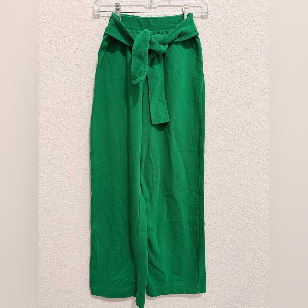 ZARA Emerald Green 100% Cotton Pareo Wide-Leg Pants | Elastic & Tie Waist